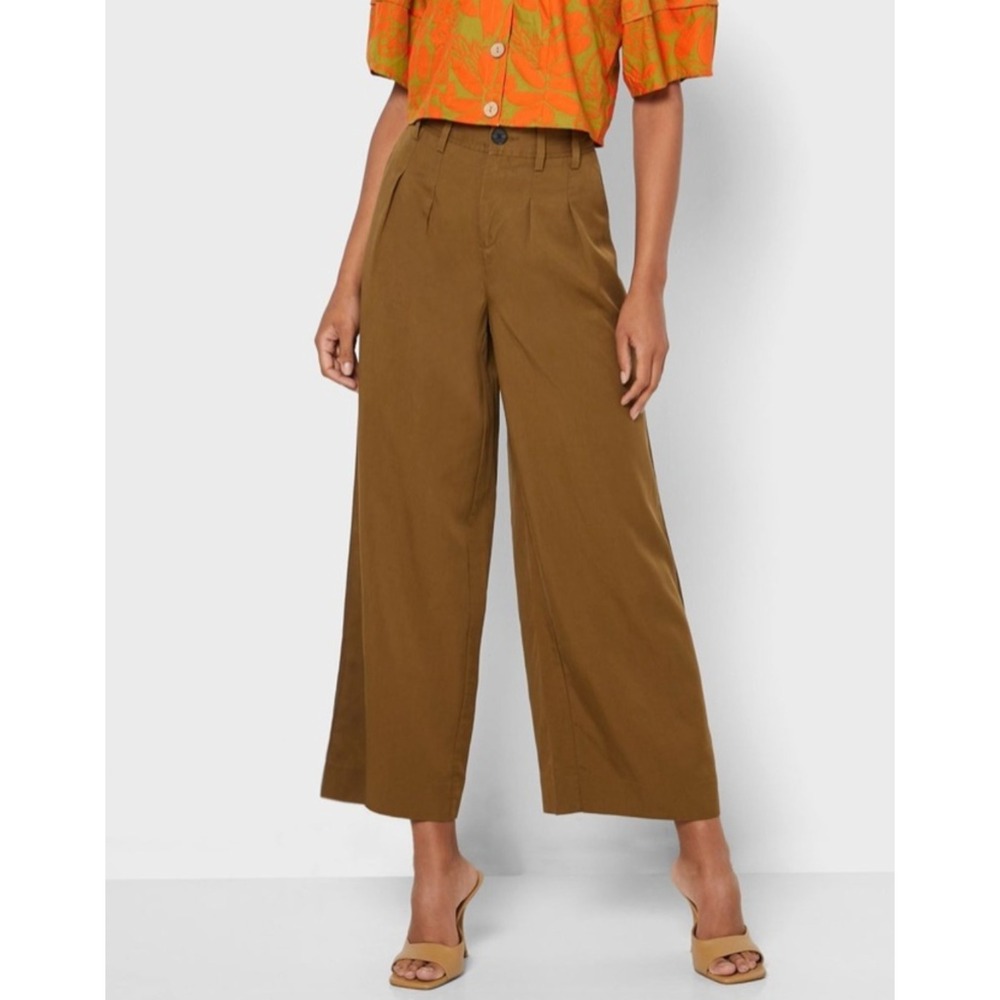 Banana Republic High-Rise Wide-Leg Pleated Ankle Pant Lyocell Olive Brown 12